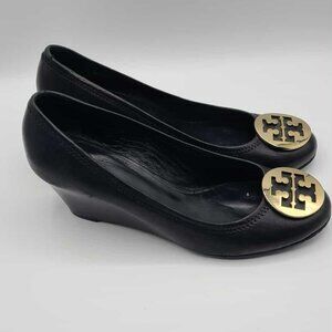 Tory Burch Black Leather Sally Wedge Pumps size 10 Med